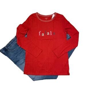 NWT LOFT Red W/Christmas Fa La La Long Sleeve Cotton Tee